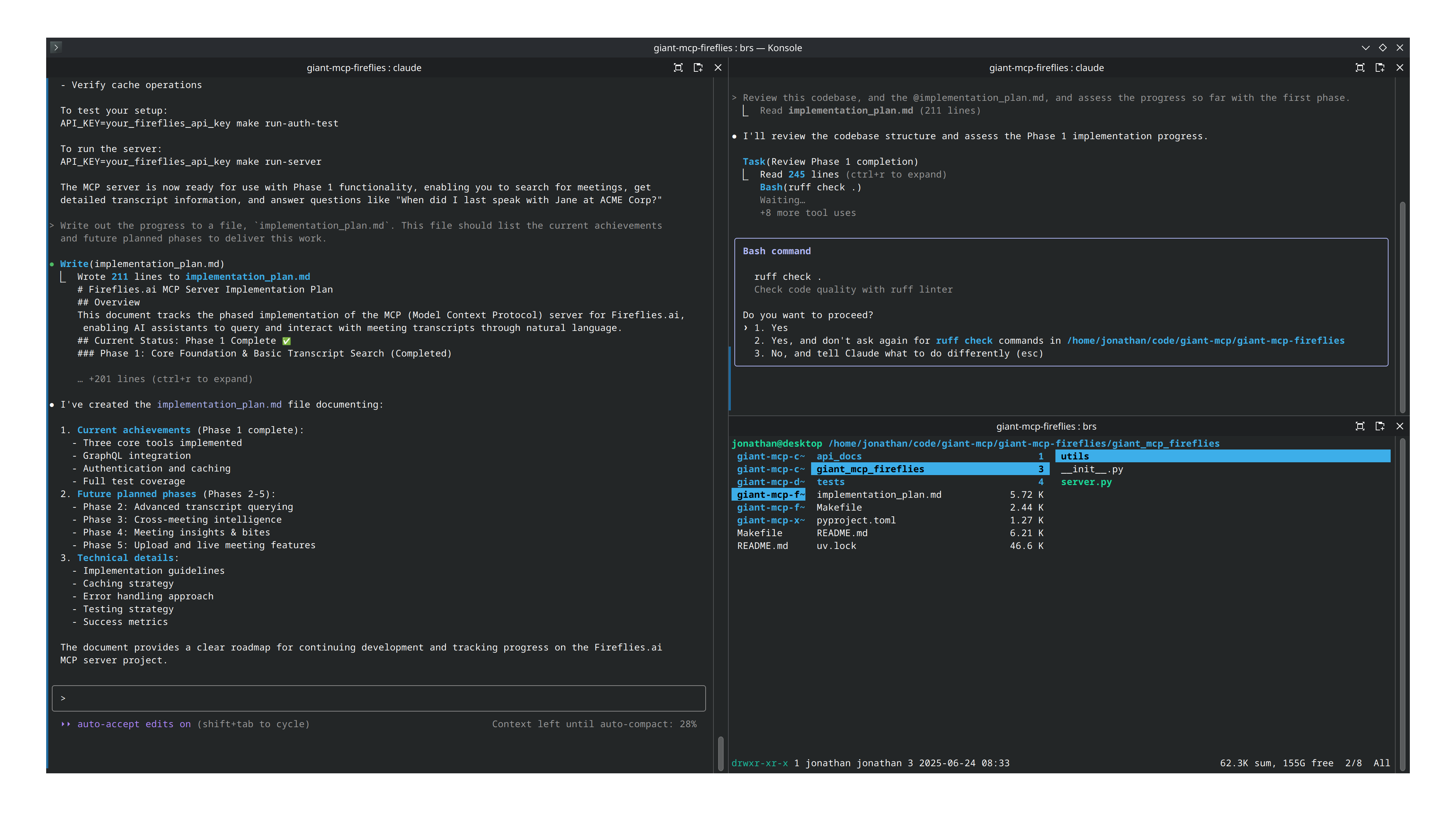 A Konsole window showing two Claude Code instances